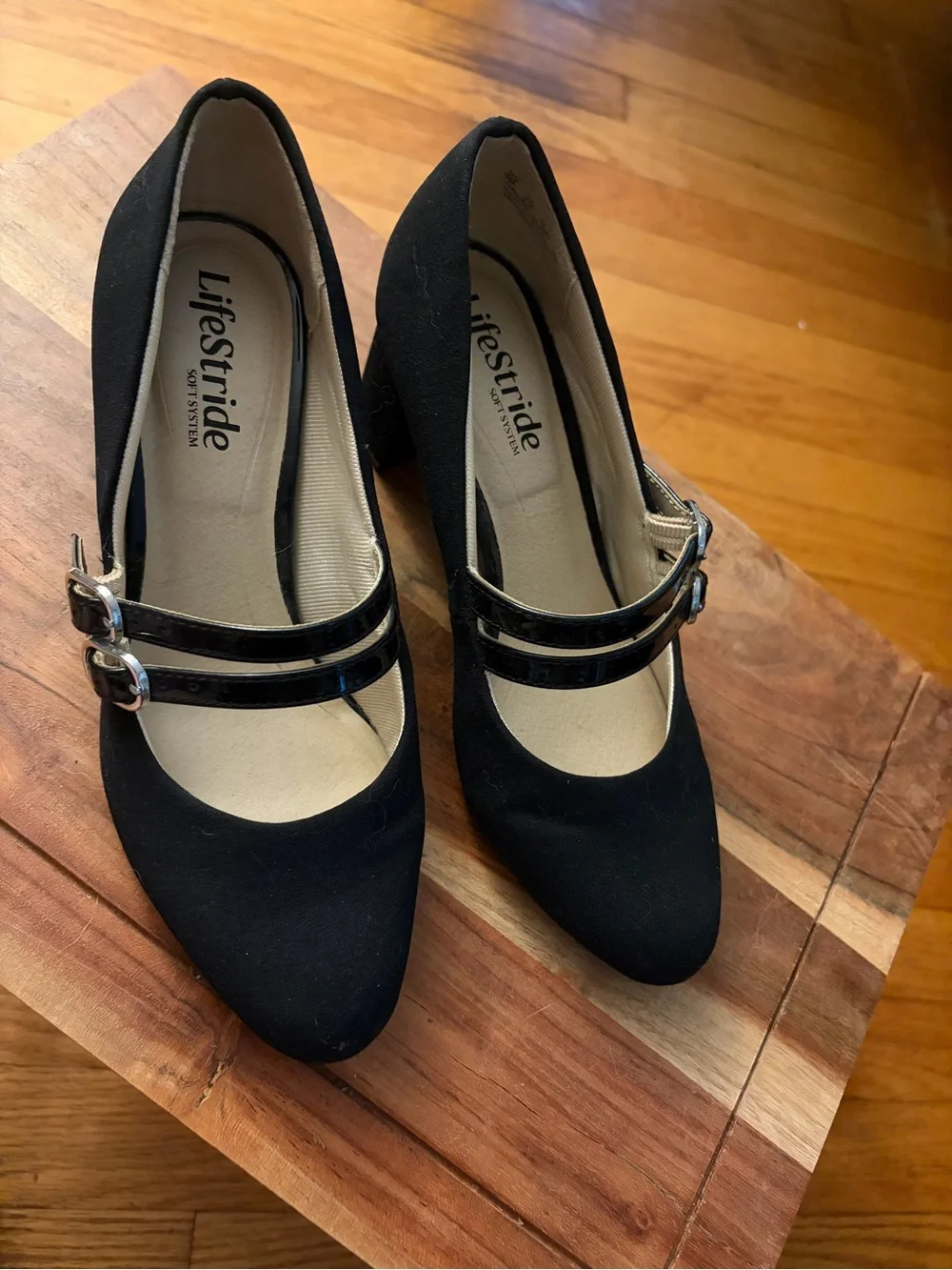 LifeStride Black Double-Strap Mary Jane Block Heels